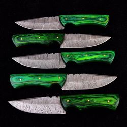 set of 5 handmade damascus steel skinner knives with leather sheaths