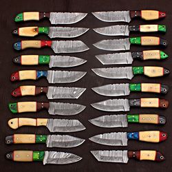 set of 20 handmade damascus steel skinner knives with leather sheaths