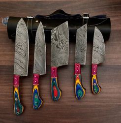 set of 5 handmade damascus steel kitchen knives with leather case
