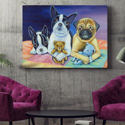 dog landscape canvas, boston terrier and pug puppies, canvas print, dog painting posters