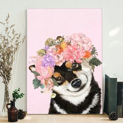 dog portrait canvas, black shiba inu with flower crown, canvas print, dog poster printing