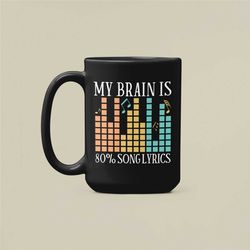 my brain is 80 percent song lyrics, funny music lover gifts, song lyric mug, 80 song lyric coffee cup, funny musician pr