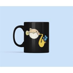 pufferfish mug, blowfish gifts, blow fish mug, saxophone gift, funny pufferfish cup, puffer fish, porcupinefish playing