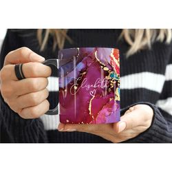 purple marble mug, personalised mug, custom name cup, coffee tea cup gift for her, valentines gift for her him, sister m