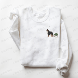 embroidered sweatshirt, bernese mountain dog harvesting a christmas tree for family
