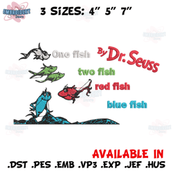 one fish two fish, blue fish red fish embroidery design, dr seuss embroidery, embroidery file, digital download.