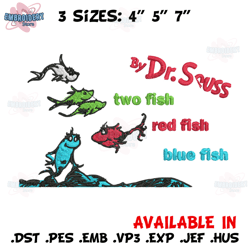one fish two fish, blue fish red fish embroidery design, dr seuss embroidery, embroidery file, digital download