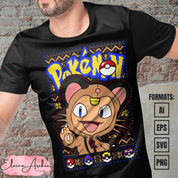 premium meowth christmas pokemon anime vector t-shirt design template