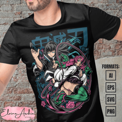 premium mitsuri x tokito demon slayer anime vector t-shirt design template