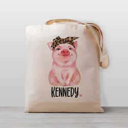 pig with leopard headband tote bag