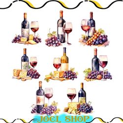 mixed wine watercolor clipart, cheese clipart, charcuterie board, wine watercolor clipart