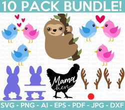 cute animals svg bundle, love birds svg, sloth svg, bunny svg, mama hen svg, deer svg, bunny split frame svg