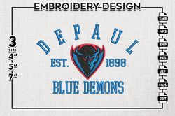 depaul blue demons est logo embroidery designs, ncaa depaul blue demons team embroidery, ncaa team logo, 3 sizes, machin