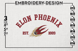 elon phoenix est logo embroidery designs, ncaa elon phoenix team embroidery, ncaa team logo, 3 sizes, machine embroidery
