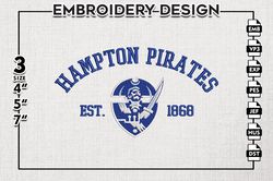 hampton pirates est logo embroidery designs, ncaa hampton pirates team embroidery, ncaa team logo, 3 sizes, machine
