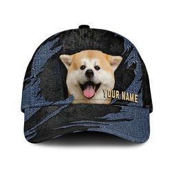 Akita Inu Jean Background Custom Name & Photo Dog Cap, Classic Baseball Cap All Over Print