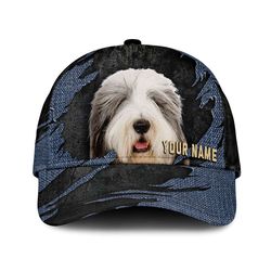old english sheepdog jean background custom name & photo dog cap, classic baseball cap all over print