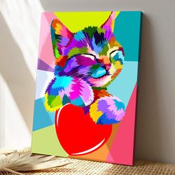 cat heart pop art, cat canvas poster, cat wall art, gifts for cat lovers