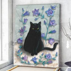 cat portrait canvas, black cat with bellflowers, canvas print, cat wall art canvas, cats canvas print