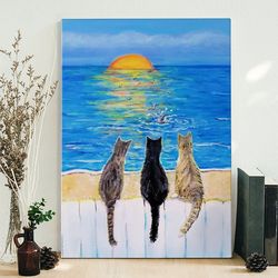 cat portrait canvas, cat beach sunset, cats canvas print, cat wall art canvas
