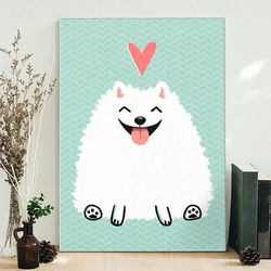 dog portrait canvas, fluffy white pomeranian cartoon dog with heart, canvas print, dog painting posters, dog wall art ca