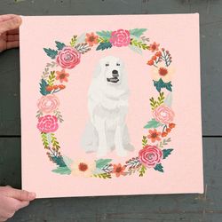 dog square canvas, great pyrenees dog floral wreath, canvas print, dog wall art canvas, dog poster printing