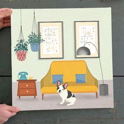 dog square canvas, hanging plants and a french bulldog, canvas print, dog poster printing, dog canvas print