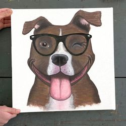 dog square canvas, hipster pit bull, dog canvas print, canvas with dogs on it