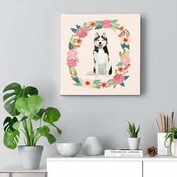 dog square canvas, husky floral wreath spring, canvas print, canvas with dogs on it