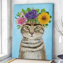 cat portrait canvas, cat with flowers, canvas print, cat wall art canvas, cats canvas print