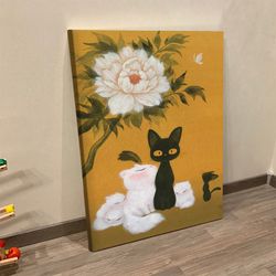 cat portrait canvas, cats and peony, canvas print, cat wall art canvas, canvas with cats on it