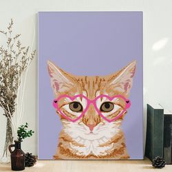 cat portrait canvas, orange tabby cute hipster glasses kitten, canvas print, cat wall art canvas