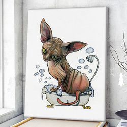 cat portrait canvas, sphynx bubble bath, canvas print, cat wall art canvas, cats canvas print