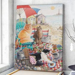 cat portrait canvas, summer picnic with cats, canvas print, cat wall art canvas, cats canvas print