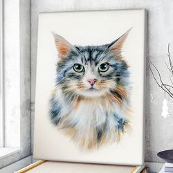 cat portrait canvas, watercolor cat painting, cat wall art canvas, cats canvas print