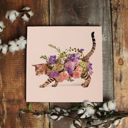 cat square canvas, flower cat, canvas print, cats canvas print, cat wall art canvas