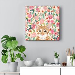 cat square canvas, orange tabby floral cat, canvas print, cat wall art canvas, cat canvas, cat poster printing