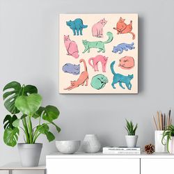 cat square canvas, pastel cats, cat wall art canvas, canvas print