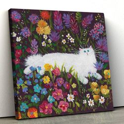 cat square canvas, white cat in flowers, canvas print, cat canvas, cats canvas print, cat wall art canvas