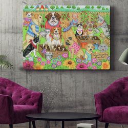 dog landscape canvas, community garden canvas print, dog painting posters