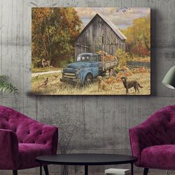dog landscape canvas, fall truck and barn, canvas print, dog wall art canvas, dog poster printing