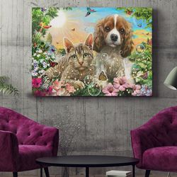 dog landscape canvas, kitten and puppy, canvas print, dog painting posters, dog wall art canvas
