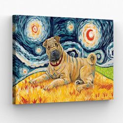 dog landscape canvas, shar pei on a starry night, canvas print, dog wall art canvas, dog poster printing