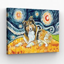 dog landscape canvas, sheltie on a starry night, canvas print, dog wall art canvas, dog poster printing