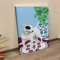 dog portrait canvas, english bull terrier with plant, canvas print, dog wall art canvas, dog poster printing