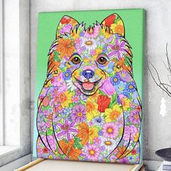 dog portrait canvas, flowers pomeranian canvas print, dog wall art canvas, dog poster printing