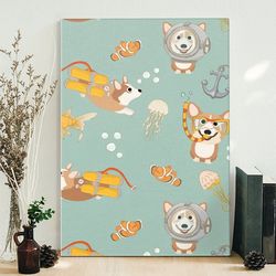dog portrait canvas, happy diving corgis, canvas print, dog wall art canvas, dog poster printing