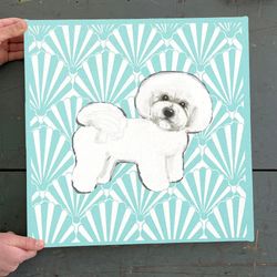 dog square canvas, bichon frise at the beach, seashell blue canvas print, dog poster printing, dog canvas print