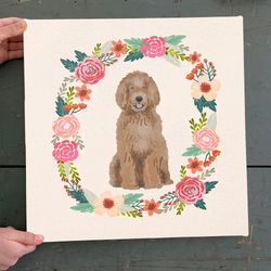 dog square canvas, labradoodle floral wreath, dog canvas print, dog wall art canvas