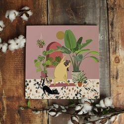 dog square canvas, pug yoga with plants, dog painting posters -canvas print, dog canvas print